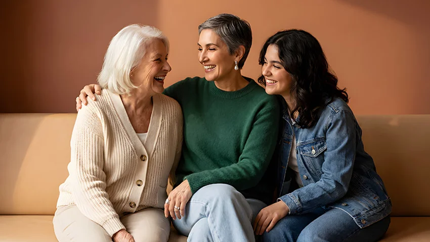 Three generations of women on a sofa